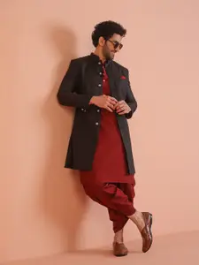 KISAH Men Mandarin Collar Cotton Kurta With Indo western Sherwani & Dhoti Pant Set