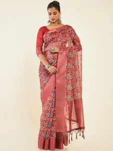 Soch Floral Printed Zari Pure Silk Chanderi Saree