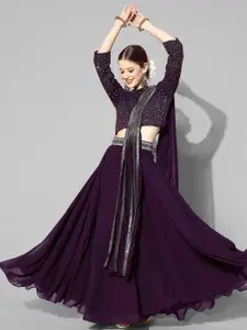 Kvsfab Purple Embellished Ready to Wear Lehenga & Blouse With Attached Dupatta