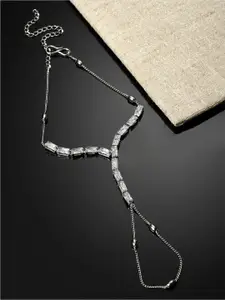 Sanjog Silver-Plated Cubic Zirconia AD Studs Crystal Finger Ring Bracelet