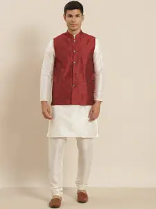 SOJANYA Mandarin Collar Straight Regular Kurta With Churidar & Nehru Jacket