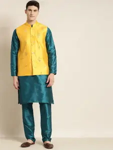 SOJANYA Mandarin Collar Straight Kurta with Churidar with Mirror Work Nehru Jacket
