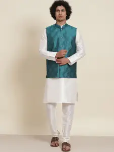 SOJANYA Mandarin Collar Straight Kurta with Pyjamas with Woven Design Nehru Jacket