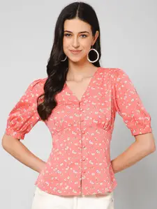 PURYS Women Smart Floral Printed Collarless Puff Sleeves Opaque Smart Casual Shirt