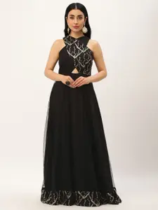 Ethnovog Embellished Embroidered Sequinned Halter Neck Net Maxi Dress