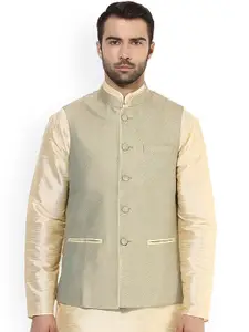 KISAH Men Green Patterned Nehru Jacket