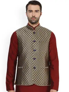 KISAH Men Beige & Navy Patterned Nehru Jacket