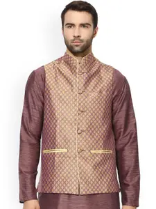 KISAH Men Mauve & Beige Patterned Nehru Jacket
