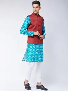 VASTRAMAY Abstract Printed Mandarin Collar Kurta with Pyjamas & Nehru Jacket