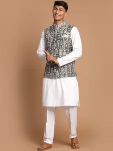 VASTRAMAY Mandatrin Collar Kurta with Pyjamas & Printed Nehru Jacket