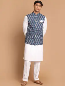 VASTRAMAY Mandarin Collar Pure Cotton Kurta with Pyjamas & Nehru Jacket