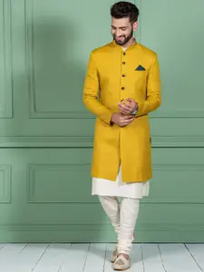 KISAH Men Mandarin Collar Cotton Kurta Indowestern Sherwani Set
