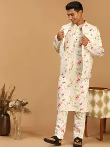 VASTRAMAY Floral Printed Mandarin Collar Kurta with Pyjamas With Printed Nehru Jacket