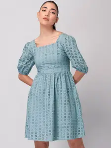 FabAlley Blue Puff Sleeve Fit & Flare Dress