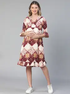 Oxolloxo Floral Printed V-Neck Bell Sleeve Maternity A-Line Dress