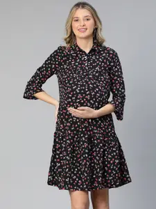 Oxolloxo Floral Printed Crepe Bell Sleeves Maternity Shirt Dress