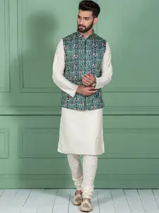 KISAH Mandarin Collar Kurta With Churidar & Patola Print Nehru Jacket
