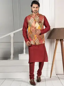 KISAH Mandarin Collar Regular Kurta With Churidar & Nehru Jacket