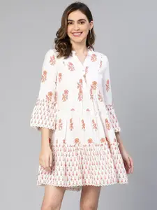 Oxolloxo Ethnic Print Bell Sleeve Lace Detail A-Line Dress
