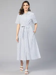 Oxolloxo Striped Organic Cotton Tie-Up Detail Shirt Midi Dress