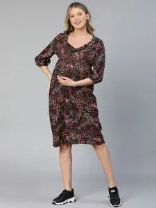 Oxolloxo Floral Printed V-Neck Ruffled Crepe Maternity A-Line Dress