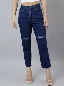 GUTI Women Slim Fit High-Rise Slash Knee Stretchable Light Fade Cropped Jeans