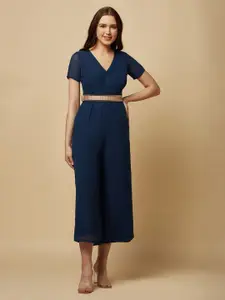 RAASSIO V-Neck Short Sleeves Culotte Jumpsuit with Belt