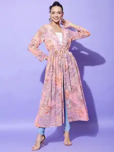 StyleStone Women Floral Printed Longline Tie-Up Shrug