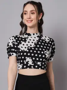 The Dry State Polka Dot Printed High Neck Puff Sleeves Styled Back Crop Top