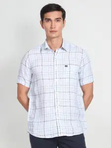 Arrow Sport Grid Tattersall Checked Spread Collar Pure Linen Casual Shirt