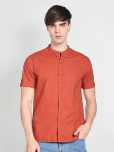 Flying Machine Mandarin Collar Short Sleeves Pure Cotton Casual Shirt