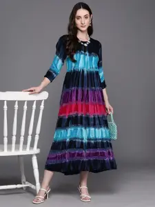 Indo Era Tie & Dye Tiered Midi Ethnic Dress With Smocked Detail