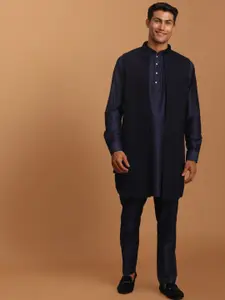 SHRESTHA BY VASTRAMAY Men Navy Shimmer Front Open Jacket With Solid Kurta And Pant Set