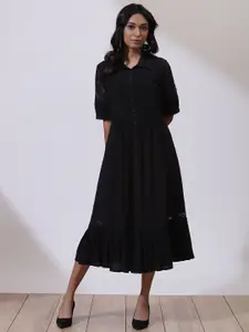 Lakshita Self Design Shirt Collar Midi A-Line Dress