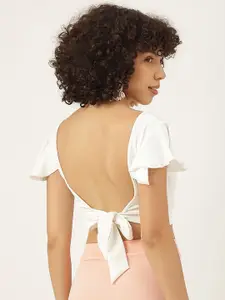 AAHWAN Square Neck Flutter Sleeve Styled Back Crop Top