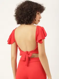 AAHWAN Square Neck Flutter Sleeve Styled Back Crop Top