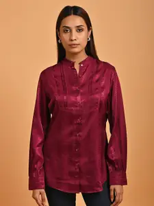 Lakshita Classic Mandarin Collar Puffed Sleeves Stain Casual Shirt
