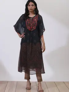 Lakshita Plus Size Floral Embroidered Sequined Tie-Up Neck Kaftan Kurta