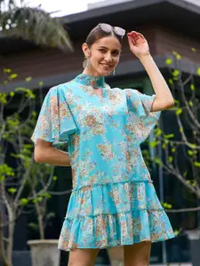 SASSAFRAS Floral Print Flared Sleeve Georgette A-Line Dress