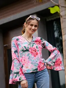 SASSAFRAS Floral Printed Bell Sleeve Georgette Top