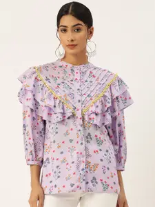 MISRI Floral Print Mandarin Collar Puff Sleeve Ruffles Top