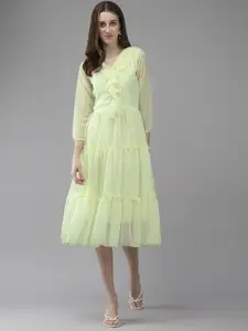 Aarika Puff Sleeve Ruffled Georgette A-Line Midi Dress
