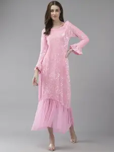 Aarika Sequinned Embellished Bell Sleeves Ruffled Georgette A-Line Maxi Dress