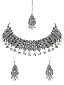 I Jewels Silver-Plated Oxidised Choker Necklace and Earrings with Maang Tika