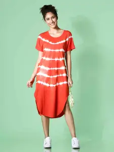 MKOAL Orange Tie and Dye Dyed Pure Cotton A-Line Dress