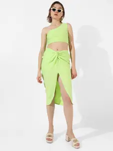 Campus Sutra Self-Design One Shoulder Crop Top With Skirt Co-Ord Set