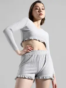 Campus Sutra Self-Design Pure Cotton Crop Top With Shorts Co-Ord Set