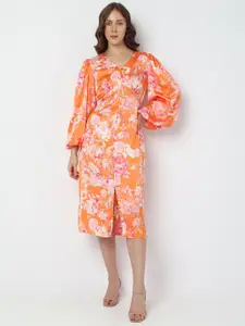 Vero Moda Floral Printed Puff Sleeves A-Line Midi Dress