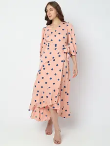 Vero Moda V-Neck Polka Dot Printed Tie Up Wrap Midi Dress
