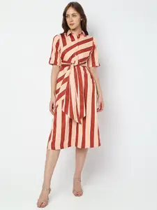 Vero Moda Spread Collar Striped Tie Up A-Line Dress